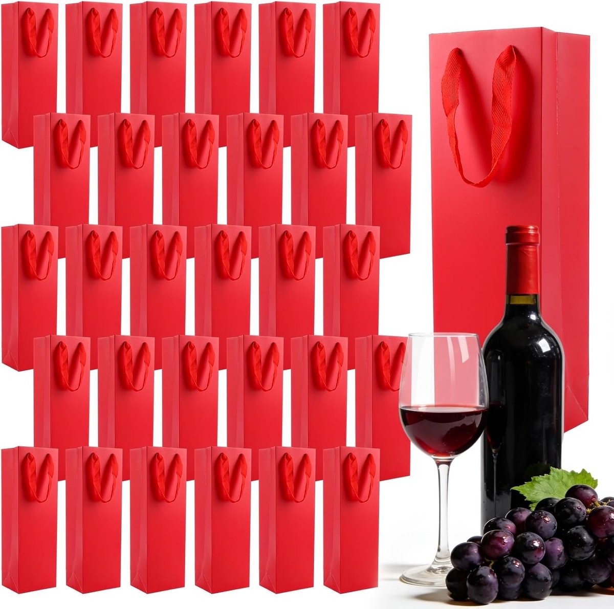 30 Stuks Rode Flessenzakjes van Stevig Papier, 11 x 9 x 35 cm, Cadeauzakjes voor Wijn, Wijntassen met Versterkte Handgreep en Papieren Flessenzakken voor Wijnproeven