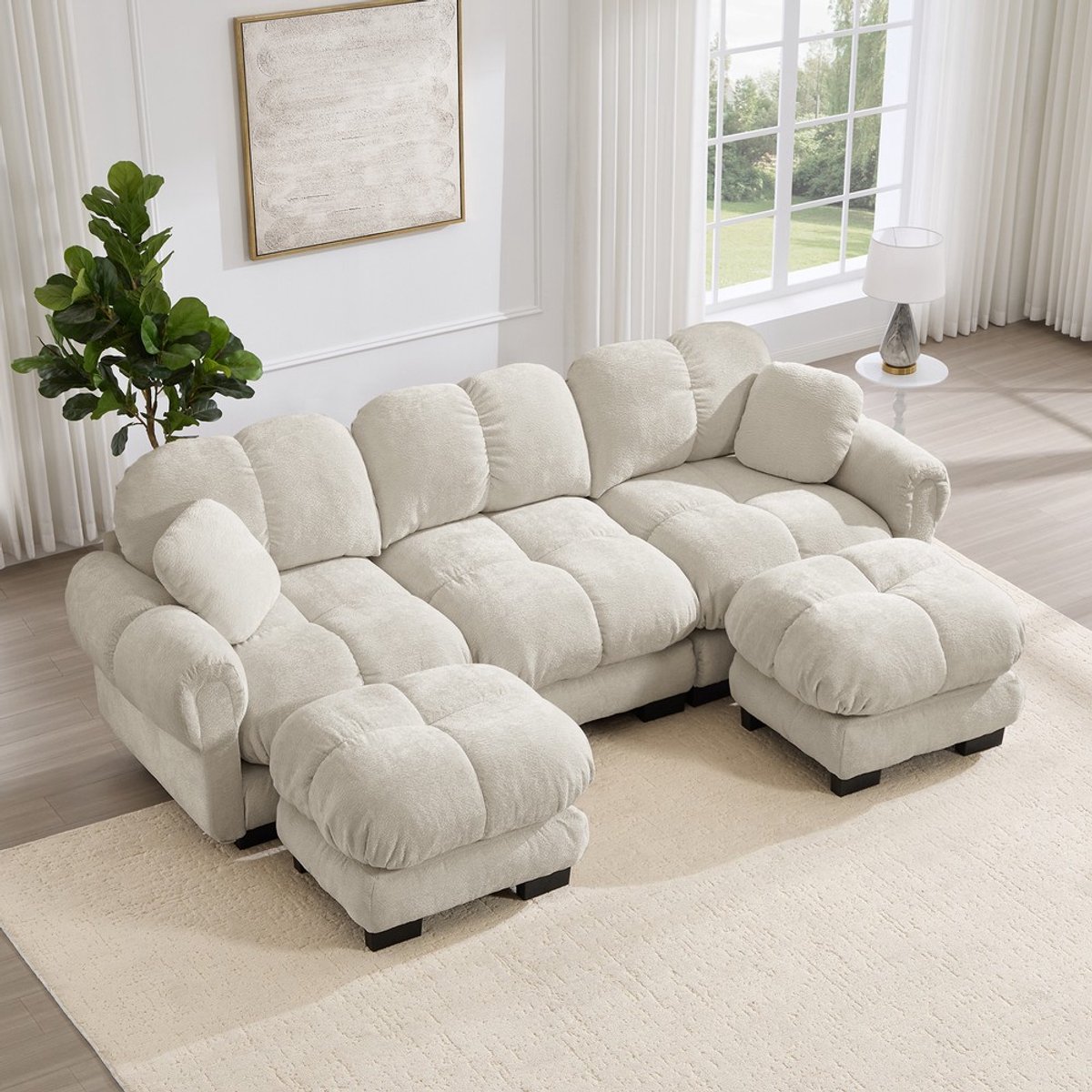 KOMHTOM Bank - U-vormige Hoekbank met Poef - Chenille Stof - Lichtbeige - Woonkamer - Kussens - Modulaire Zitbank