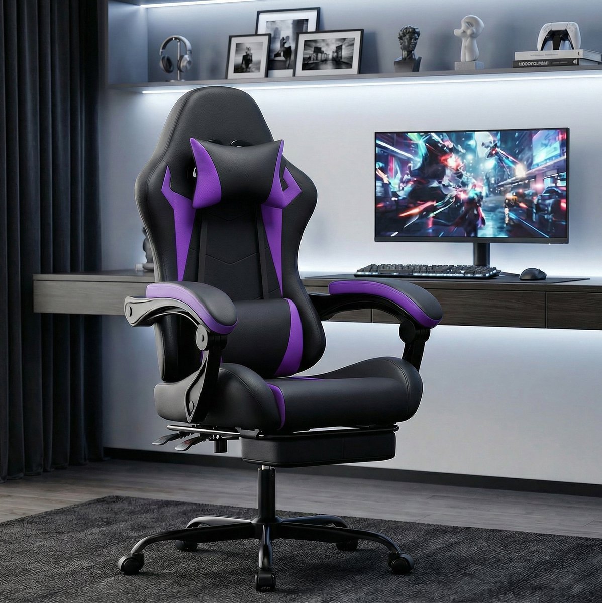 MIVRAY Gamingstoel 66 cm - Ergonomisch Met Hoofdsteun, Lendenkussen En Voetsteun - Voor Gamen En Werken - Kunstleer - Zwart Paars
