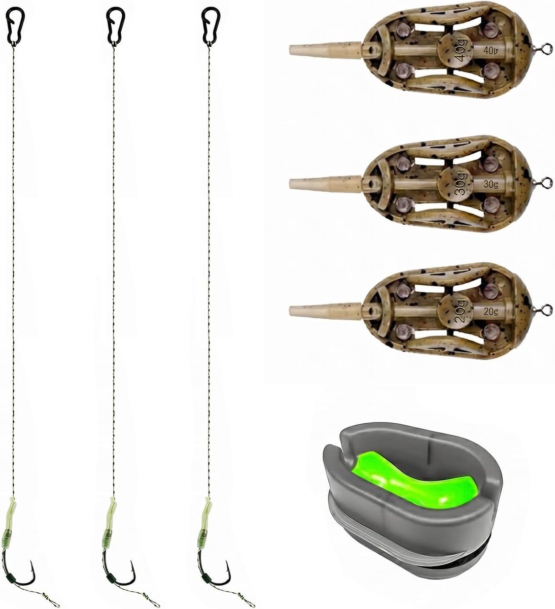 Feederset voor methode vissen, 3 stuks (20/30/40 g), ideale feeder mand met vislijnset (maat 6) voor rivieren en waterdieptes