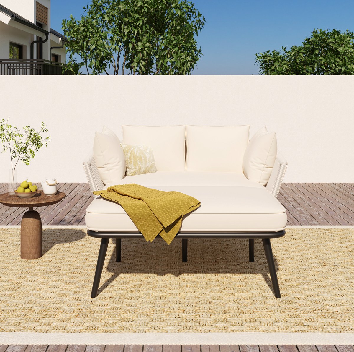 DESMIU Loungeset 130 x 100 cm - Chaise Longue Met 2 Kussens En 2 Zitkussens - Voor Tuin, Balkon En Terras - Polyester Beige