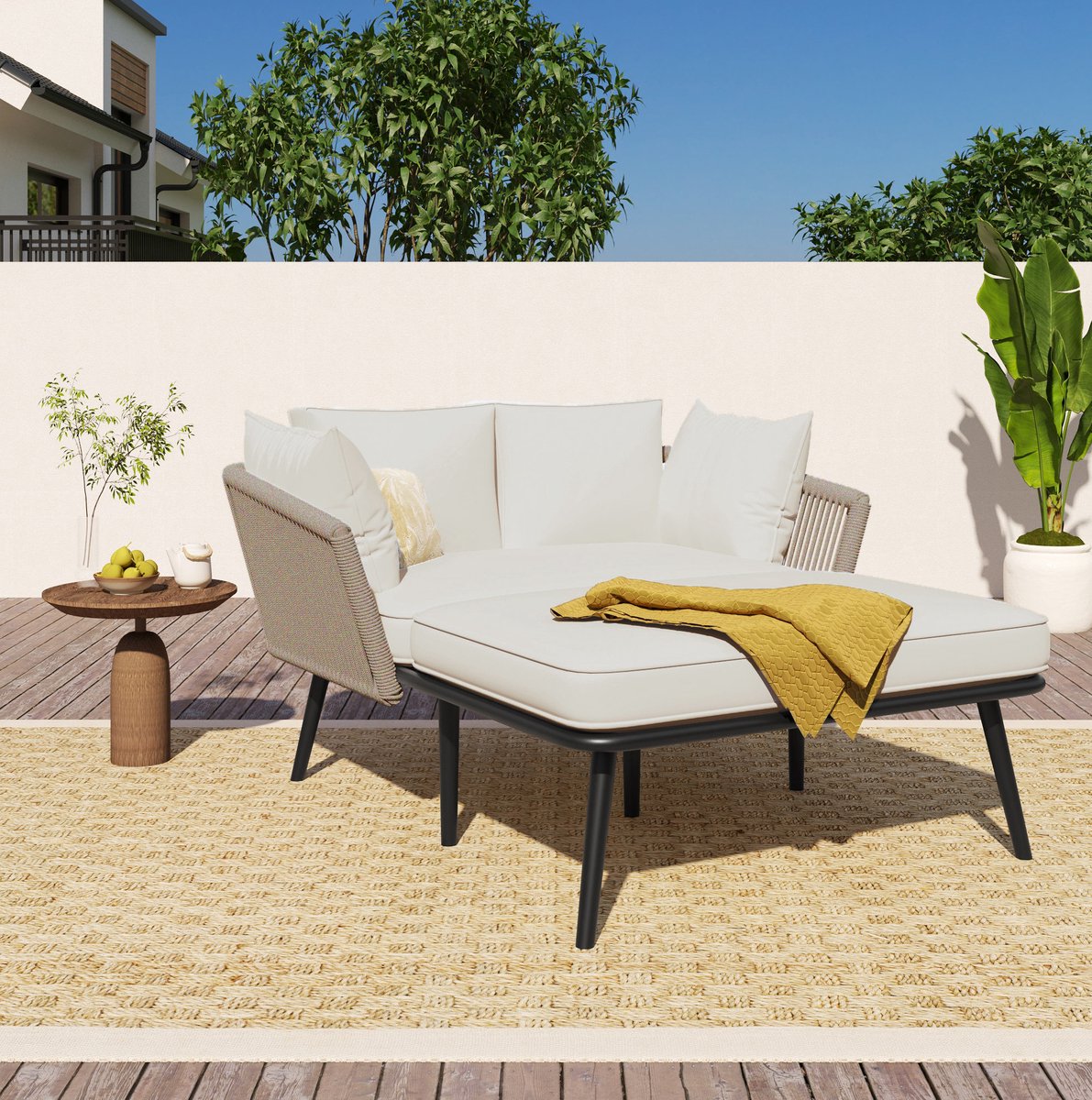 DESMIU Loungeset 130 x 100 x 67 cm - Chaise Longue Met Afneembare En Wasbare Kussens - Voor Tuin, Balkon En Zwembad - Polyester Khaki