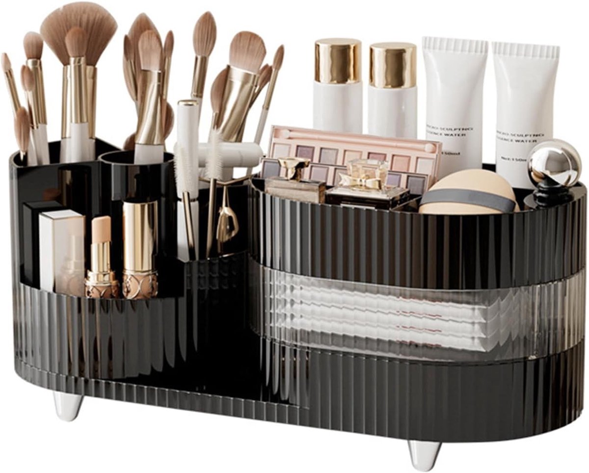 360° Draaibare Makeup Organizer met Grote Capaciteit, Cosmetica Opberging met Lades voor Make-up, Ideaal voor Slaapkamer en Badkamer, Zwart en Drie Laags