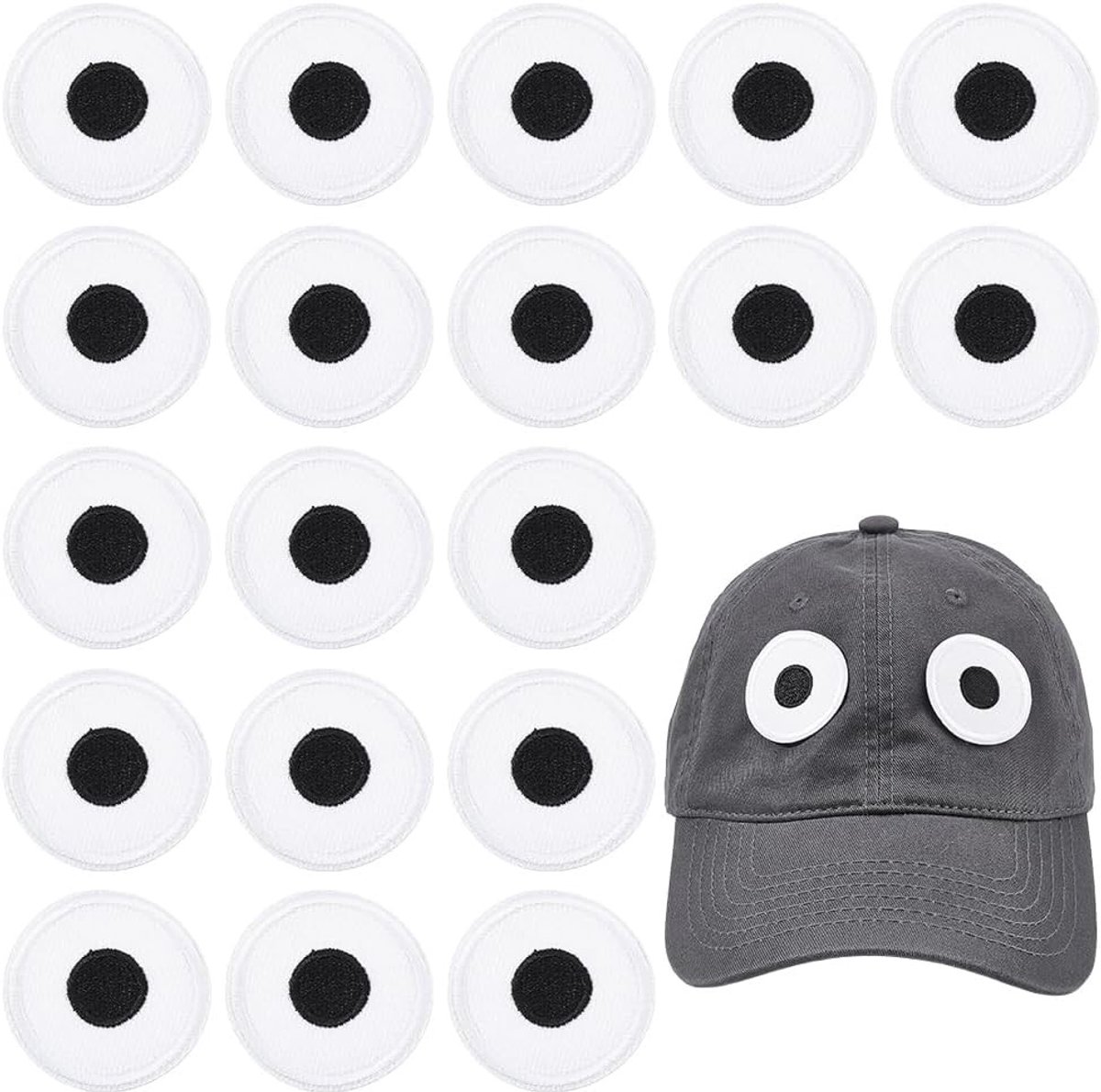 20 stuks oogopstrijkbare patches met zwart-wit cartoon oogbol ontwerp voor kleding, jassen en accessoires, ideaal voor reparatie en creatief naaien