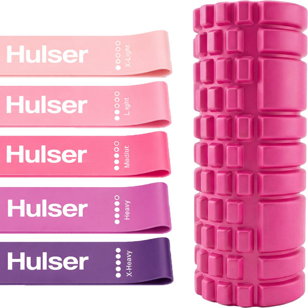Hulser Sportieve bundel - Foam roller en Mini weerstandsbanden set - Roze - Met digitale startgidsen - Weerstandsband en Massage roller – Herstel - Fitness booty band en Yoga foamroller - Voor triggerpoint massage en stretch - Grid Trigger