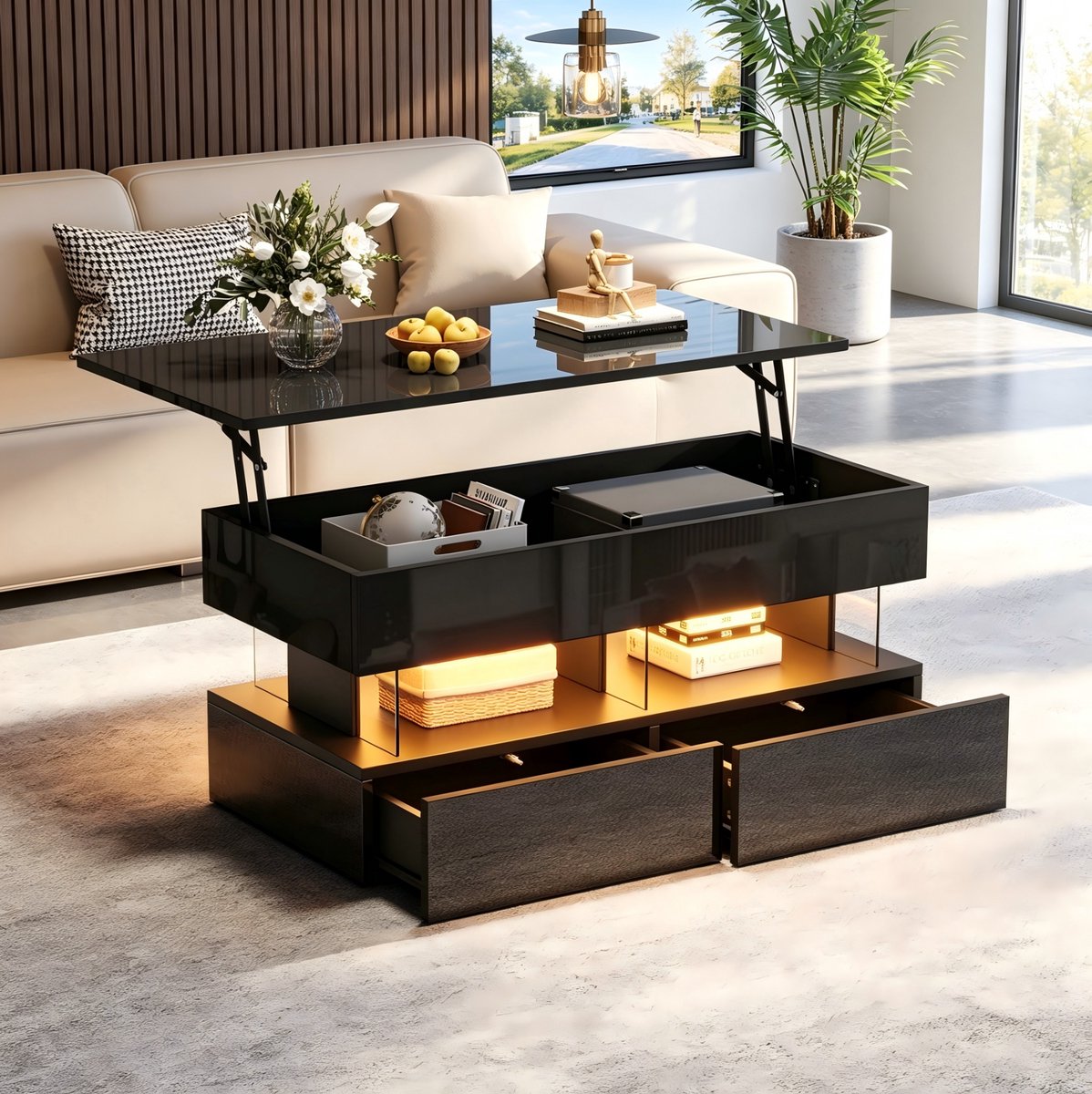 MIVRAY Salontafel - Verstelbaar Tafelblad Met Opbergruimte En 2 Lades - Voor Woonkamer, Werken En Ontspannen - MDF - 100x50x46 cm - Zwart