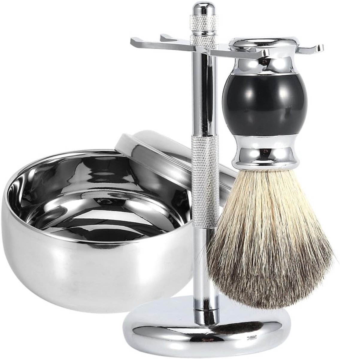 Complete Scheerset voor Mannen met 3 Scheerborstels, Houten Handvat, Zeepkom en Stalen Scheermeshouder