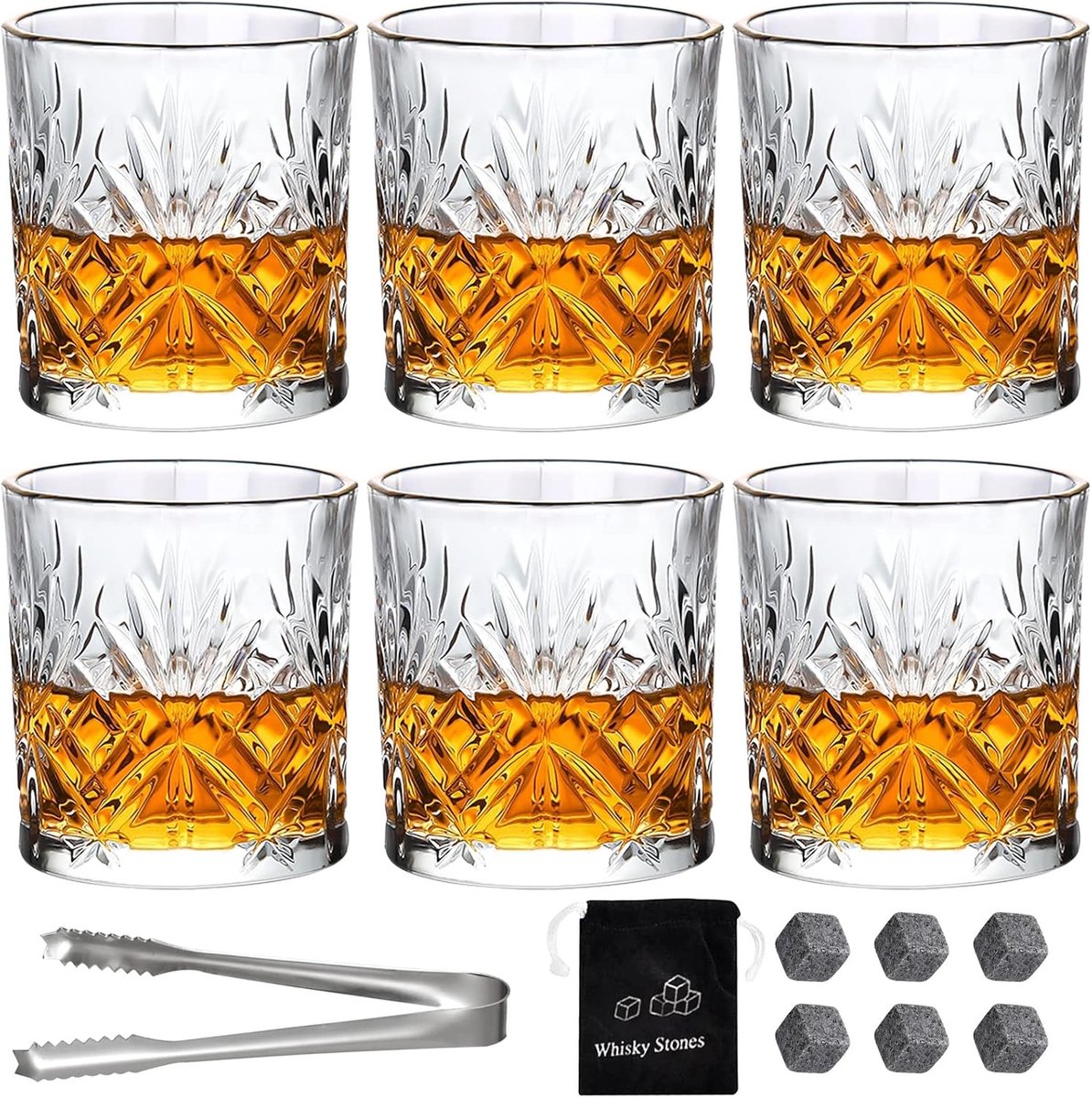 Set van 6 Kristallen Whisky Glazen, 30cl, Zware Old Fashioned Glazen voor Scotch, Bourbon en Cocktails, Perfect Cadeau voor Vaderdag en Whisky Liefhebbers