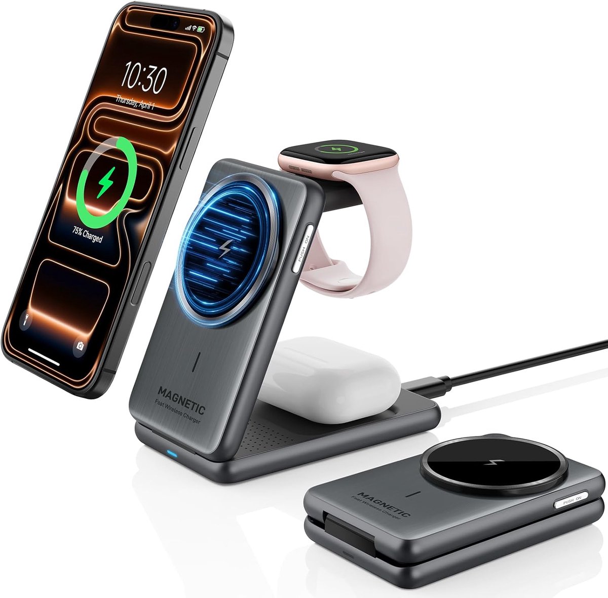 Thijox - Draadloze Oplader 3 in 1 voor Smartphone, Horloge en Oordopjes - Snelladen, Compact en Draagbaar - Ideaal voor Thuis, Op Reis en Kantoor - Zw