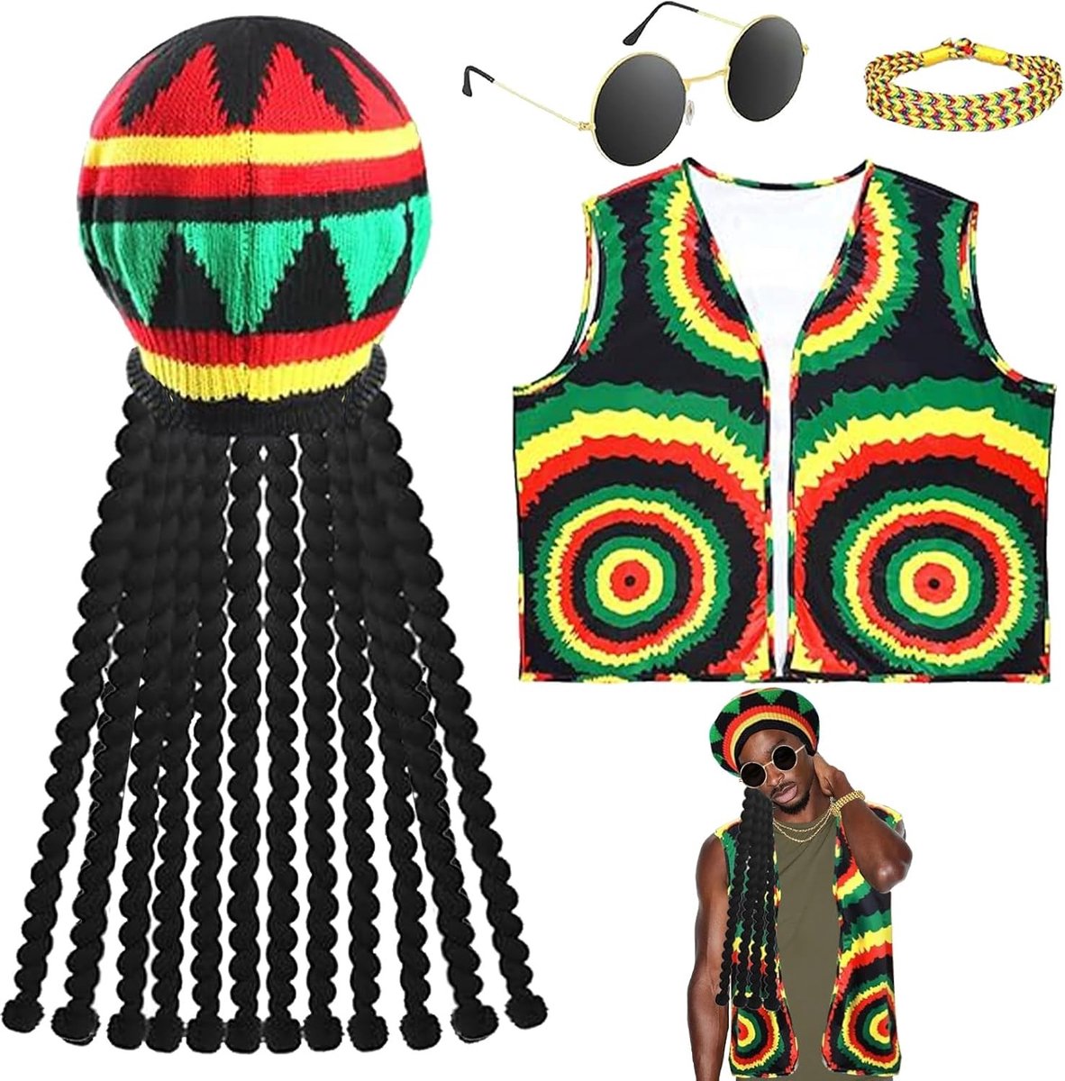 4-delig Halloween Jamaica Kostuum Set met Vest, Armband, Dreadlocks Hoed en Hippie Bril voor Carnaval, Feest en Cosplay
