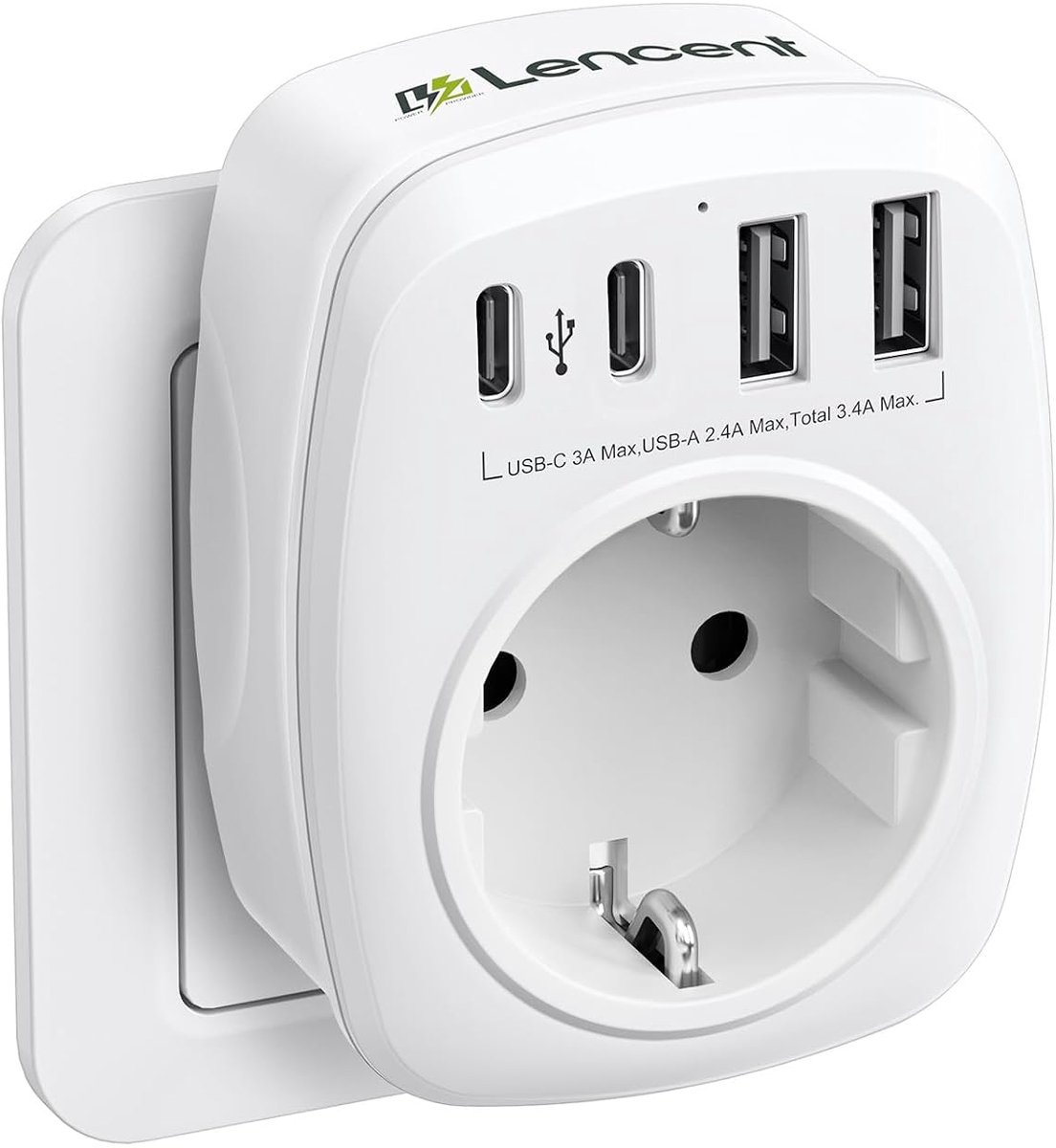 Thijox - Stopcontact Splitter met USB, 5-in-1 Stekkeradapter, USB C en 3 USB-A Poorten, 4000W Stroomadapter met Kinderslot voor Thuis, Tuin, Camping,