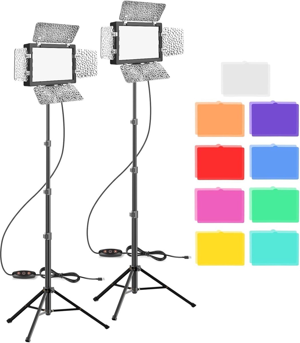 SnelShoppen - Dimbare LED Videolamp 2-pack met Barndoor en 9 Kleurfilters, 5500K Fotografie Verlichting voor YouTube, Streaming, Fotostudio's en Video