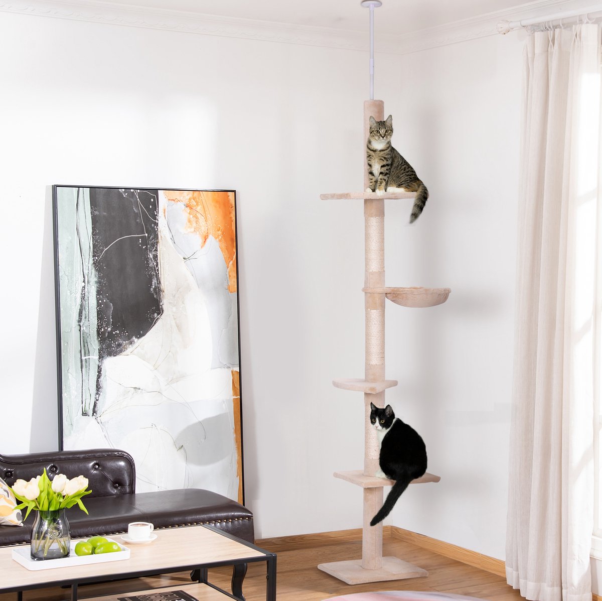 HAUSS SPOLE Krabpaal – Hoogte Instelbaar 230-260 Cm – 40 x 34 Cm – Multiplex, Sisal En Pluche – Beige – Voor Krabben, Klimmen En Rusten