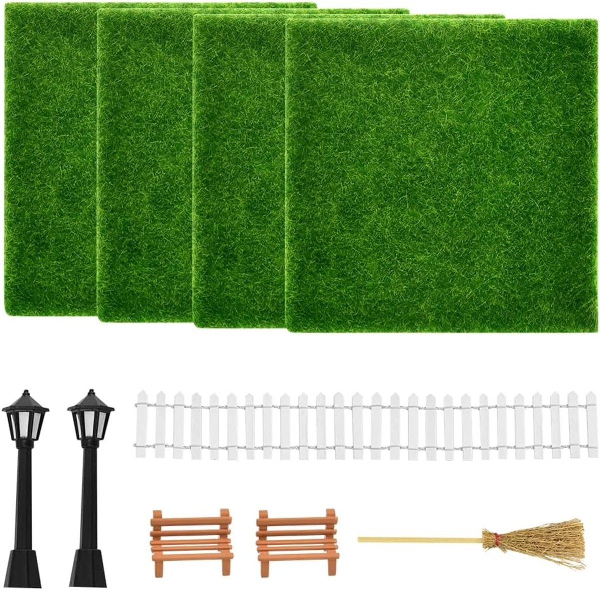 10 Stuks Kunstgras Miniatuurtuin Gras voor Creatieve Projecten en Decoraties met Miniatuur Sofa en Hekjes