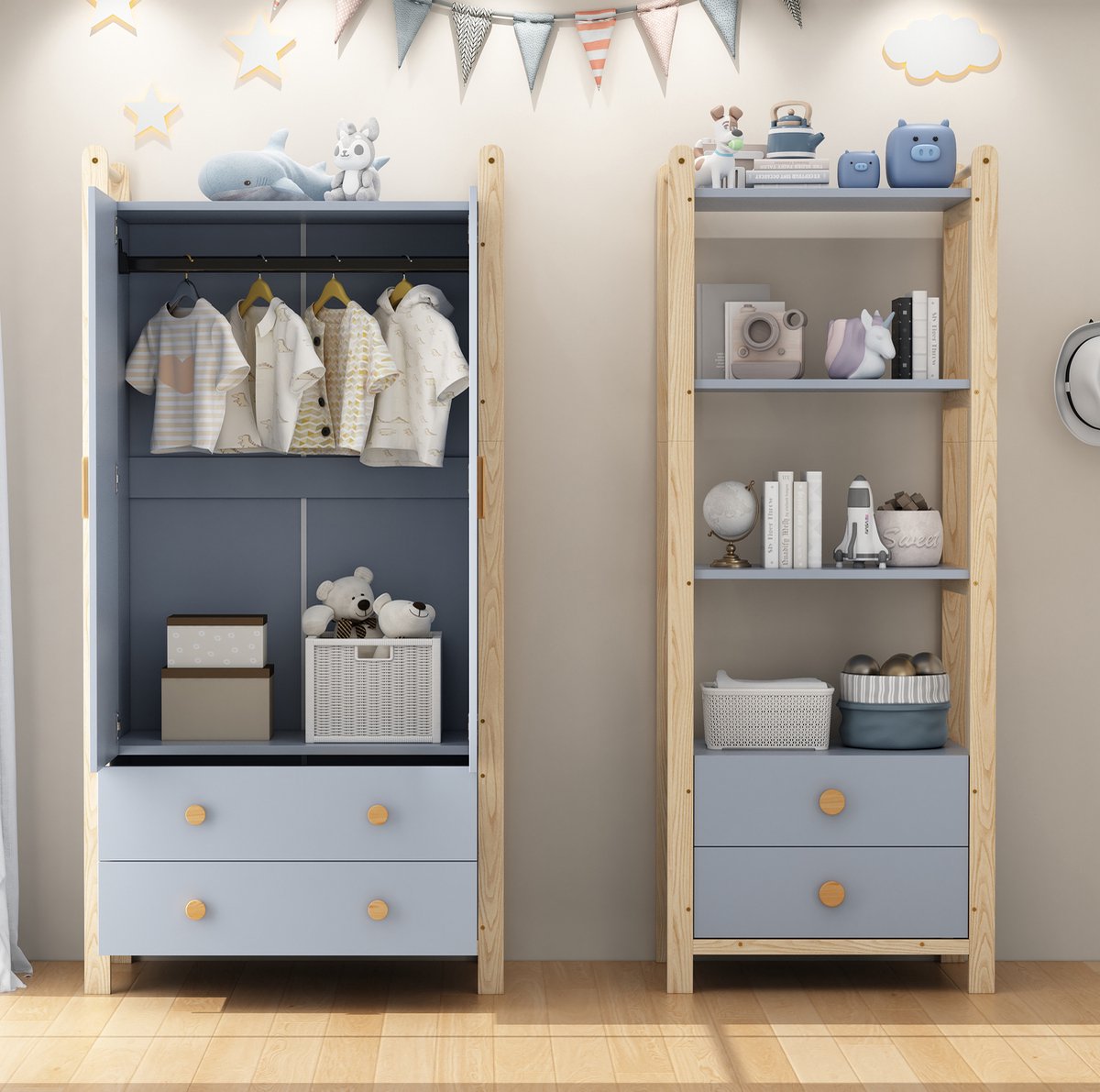FloraGrace Kledingkast Set - Garderobe Met Rek, Hanggedeelte En Lades - Voor Kinderkamer En Slaapkamer - Blauw Naturel Hout - 160x44x180,5 Cm