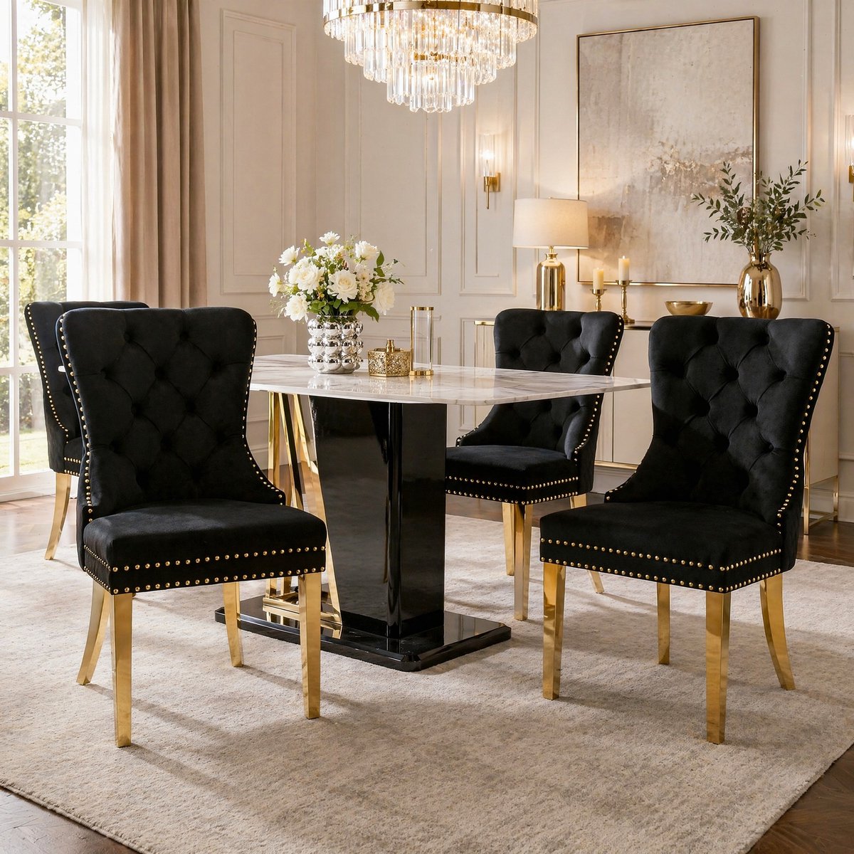 DESMIU Eetkamerstoel - Hoog Model - Set Van 4 - Met Ronde Trekgrepen En Siernagels - Voor Eetkamer, Keuken En Woonkamer - Fluweel Zwart En Goud