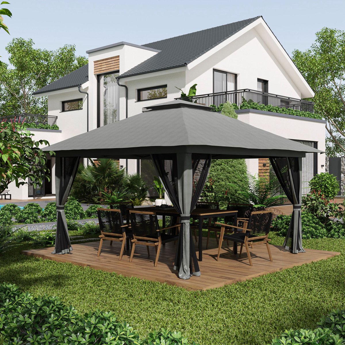 MEUNIQ partytent paviljoen 392 x 392 cm met dubbel dak, netwanden, UV50+ zonwering, waterdichte Oxford-polyester kap en verstelbare hoogte voor tuin of terras