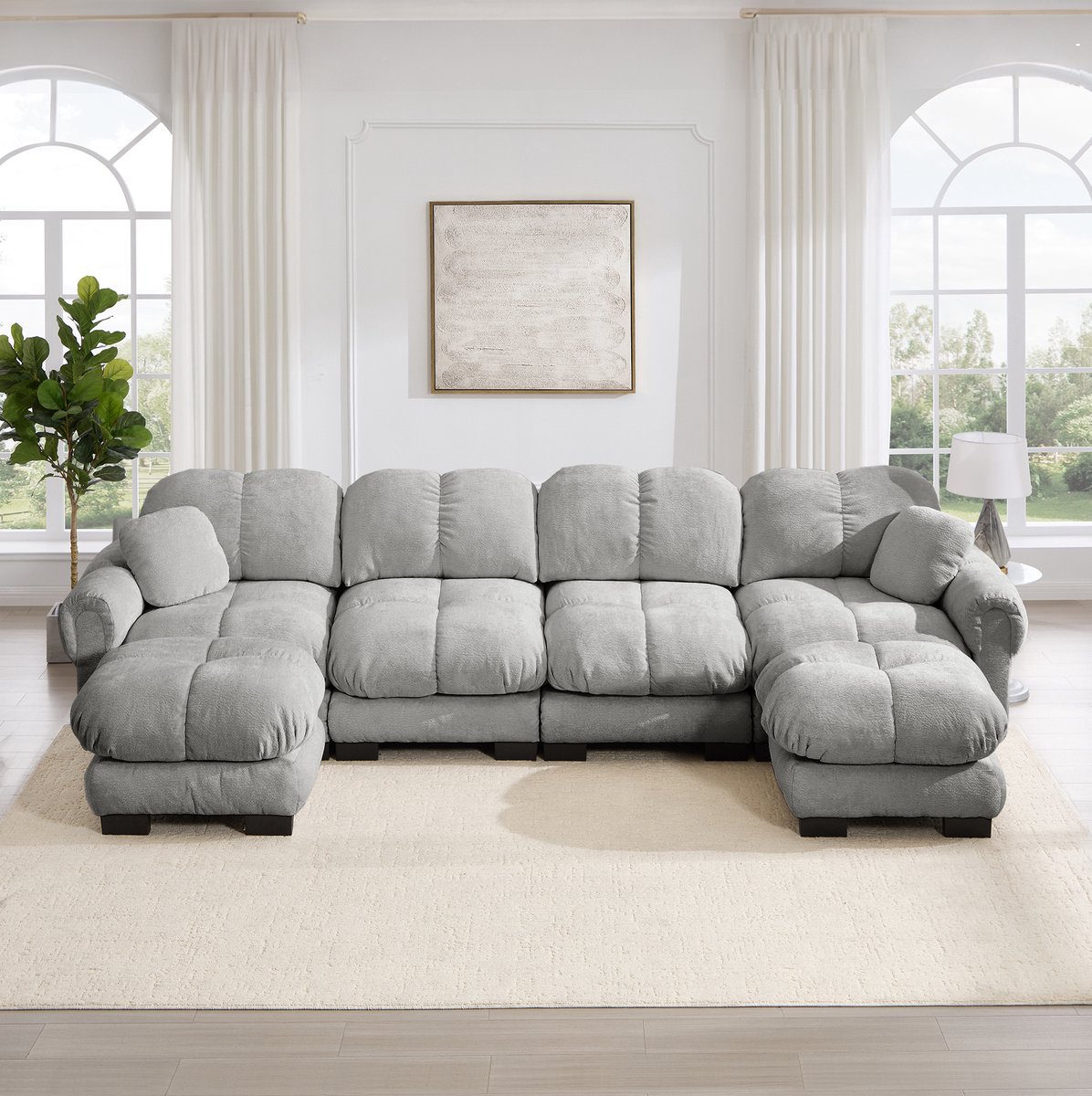 FloraGrace U-Bank – 4-Zits Modulaire Hoekbank Met 2 Verplaatsbare Ottomans – Zacht Chenille, Gestikt Design – Voor Woonkamer – Lichtgrijs