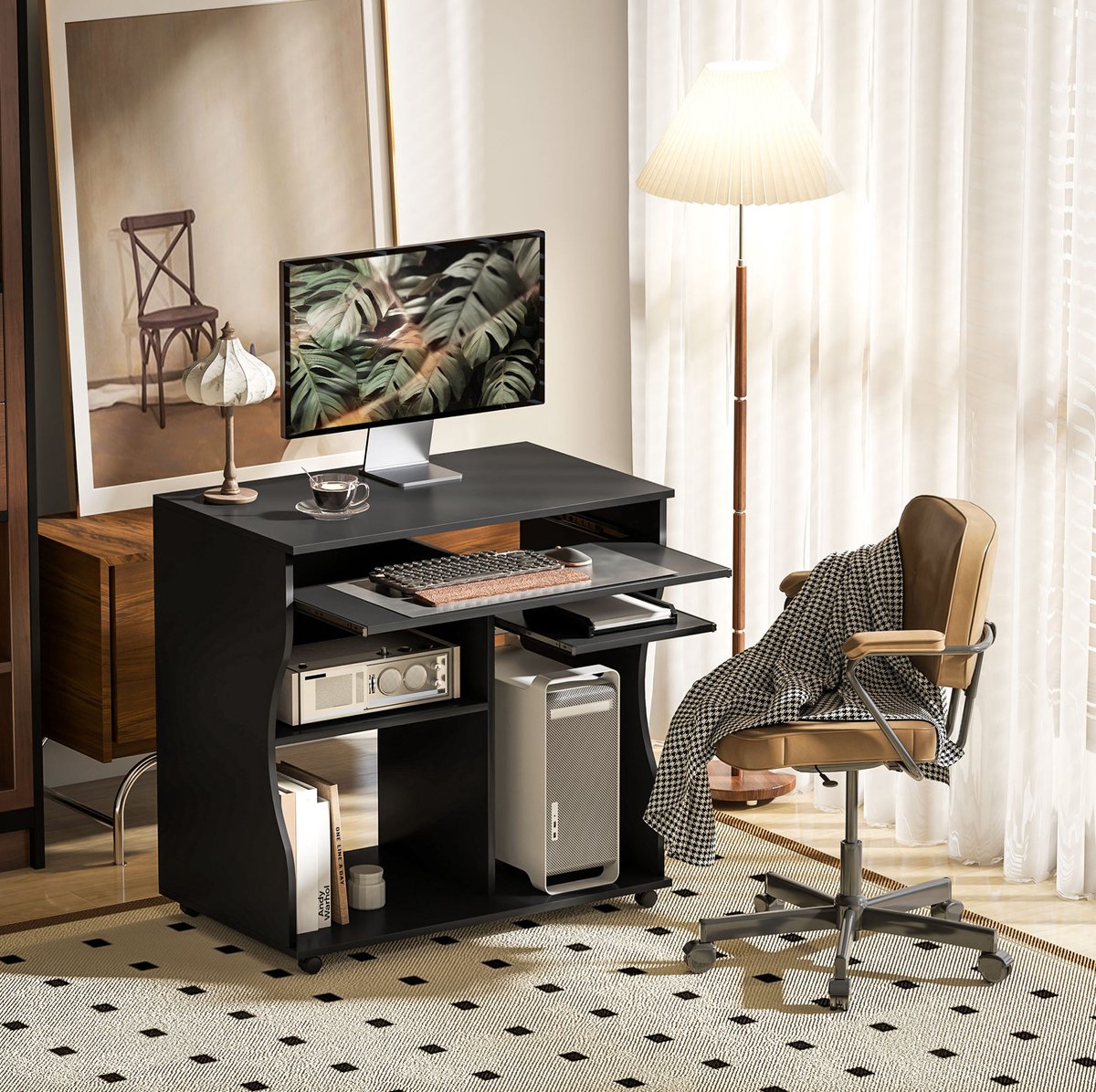 MIVRAY Bureau - Compact Computerbureau Met Wielen En Toetsenbordplank - Met Opbergruimte Voor Thuiskantoor - Spaanplaat - Zwart - 80x48x75 Cm