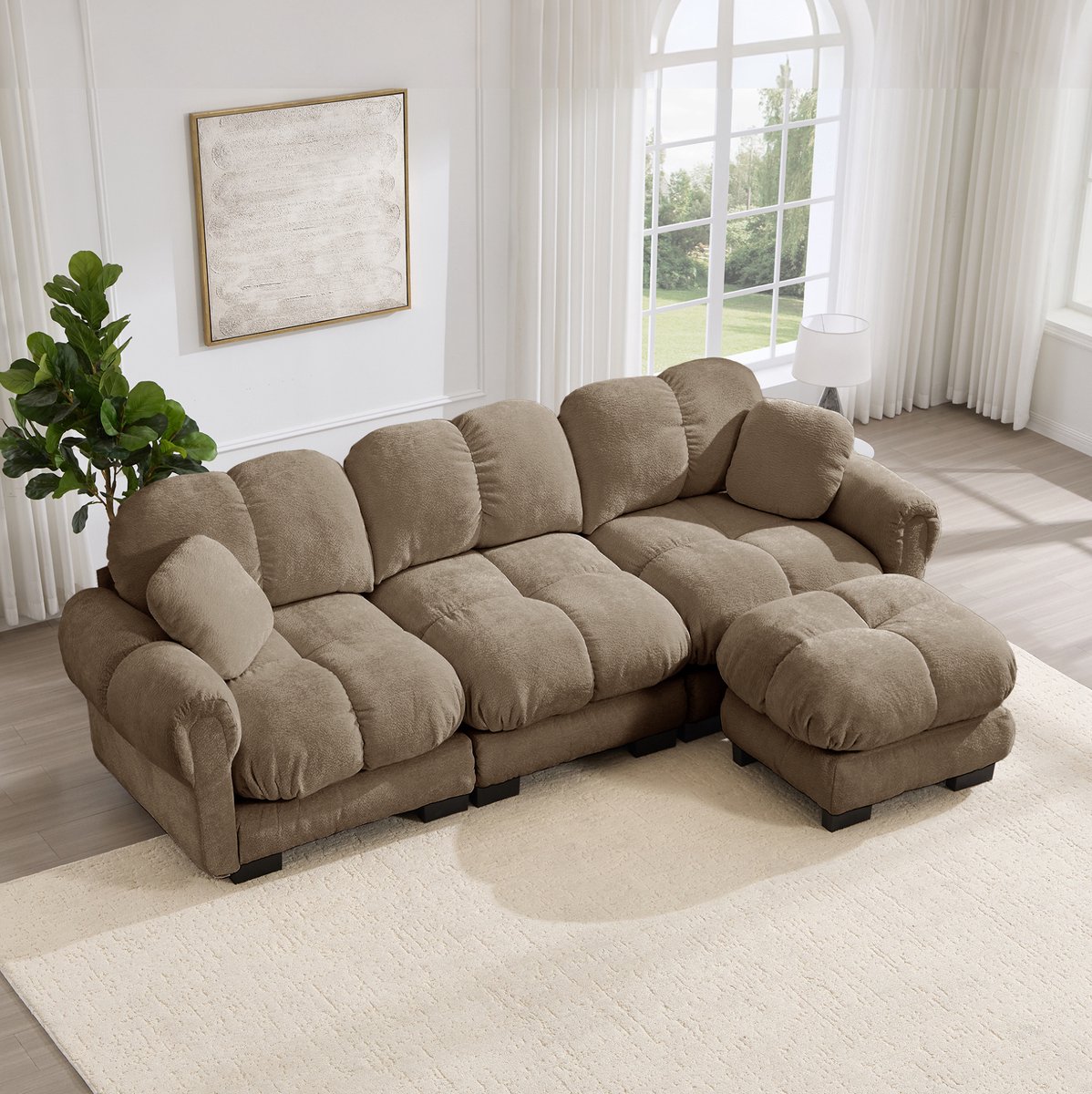 FloraGrace Hoekbank 3-Zits - L-Vormig Cloud Sofa Met Mobiele Ottomane En 2 Sierkussens - Dikke Chenille Kussens - Woonkamer - Bruin