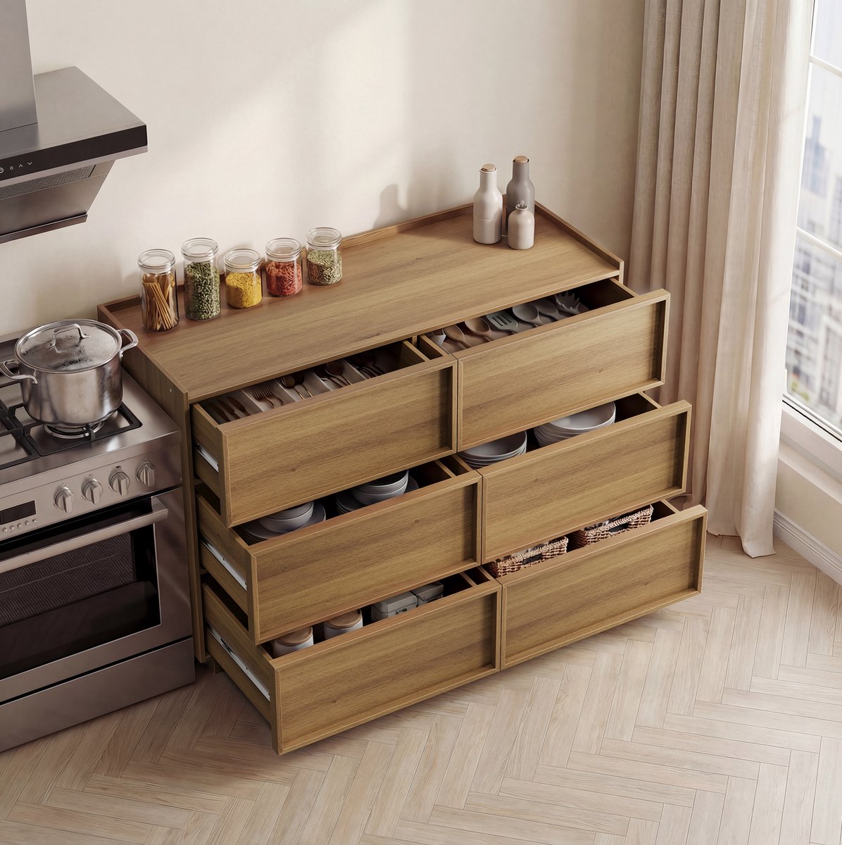 MIVRAY Dressoir - Zes Greeploze Lades Met Veel Opbergruimte - Voor Woonkamer Slaapkamer En Hal - MDF En Spaanplaat - Eikenkleur - 115x48x78 Cm