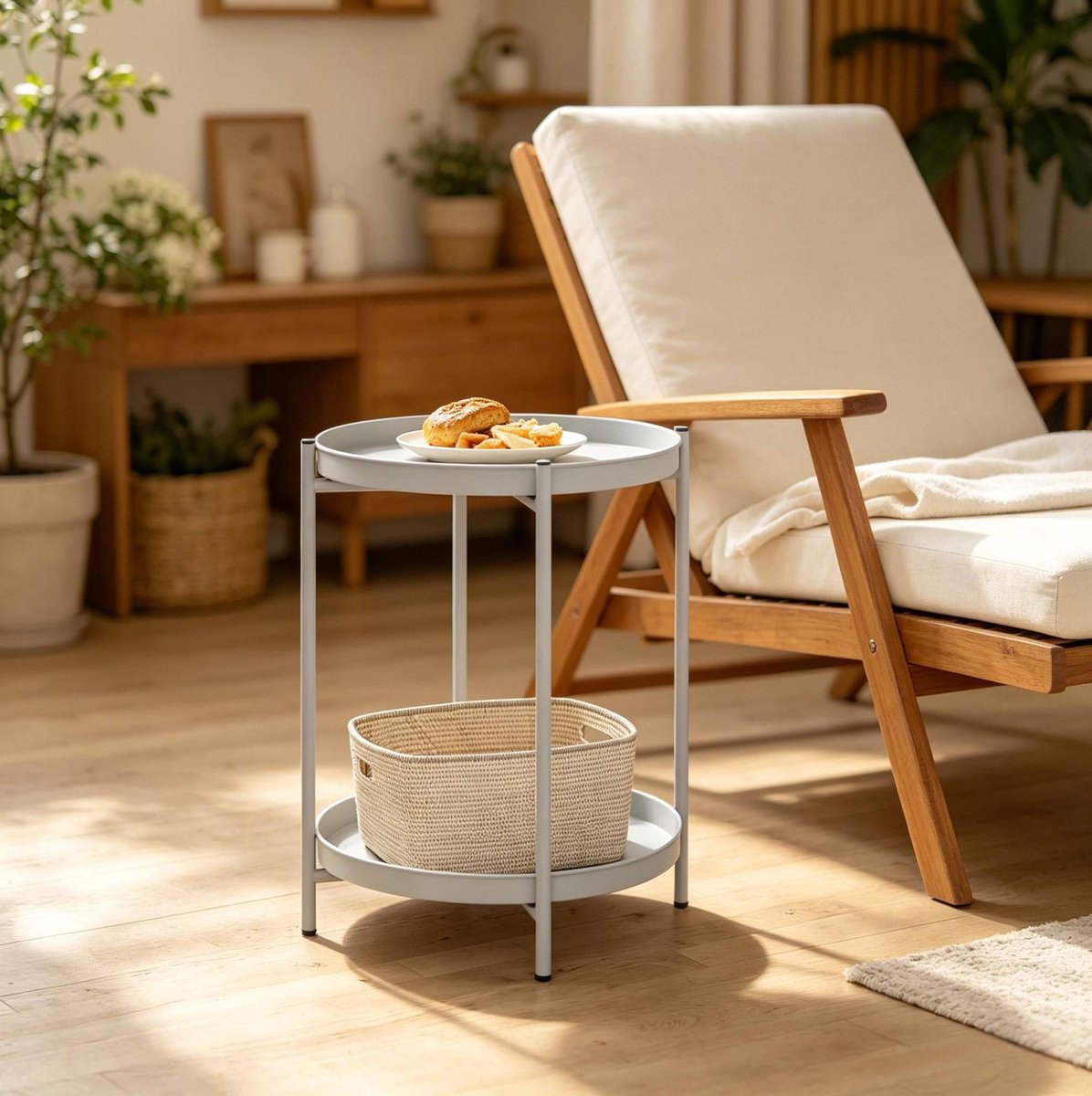 MIVRAY Bijzettafel - Ronde Tafel Met 2 Afneembare Opbergbladen - Voor Woonkamer Slaapkamer Of Balkon - Metaal Lichtgrijs - 44x44x53 Cm
