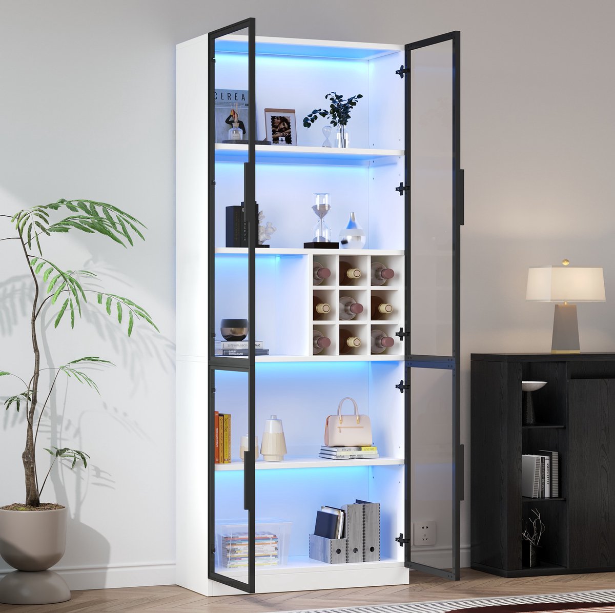 MIVRAY Boekenkast - Vitrinekast Met Glazen Deuren En Led - Voor Woonkamer Keuken En Wijnopslag - Spaanplaat En Glas - Wit - 80x35x200 Cm