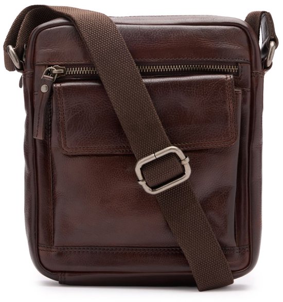 Manfield Bruine Leren Unisex Schoudertas Met Ritssluiting - Maat Onesize