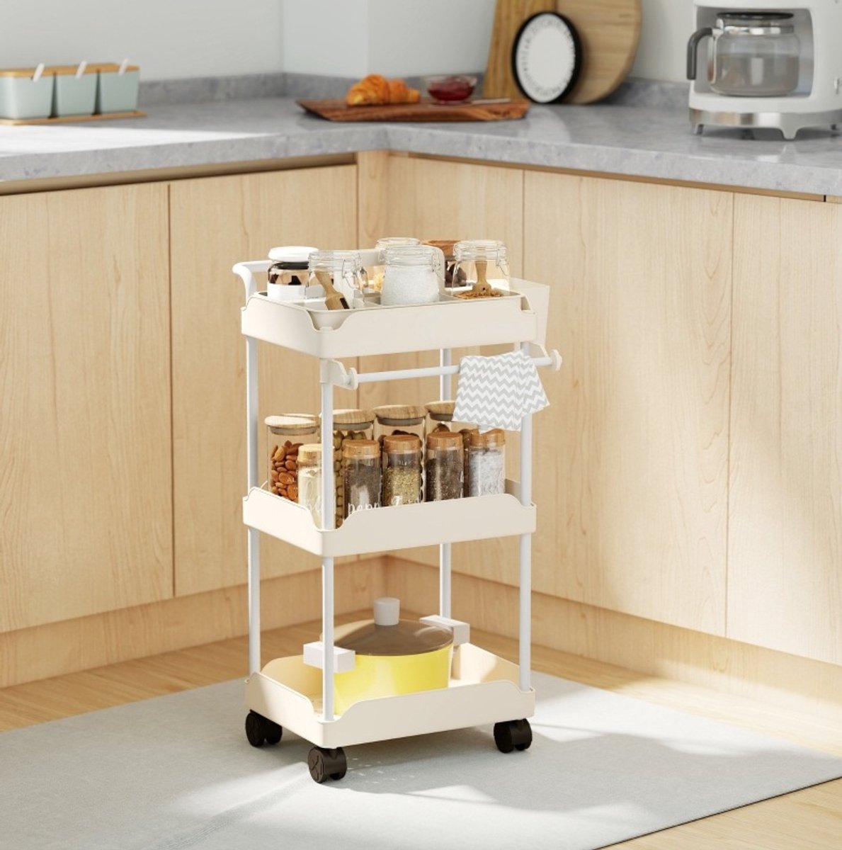 DESMIU Keukentrolley - Opbergwagen Met 3 Niveaus En Handdoekhouder - Verrijdbaar Voor Keuken En Huishouden - Metaal Wit - 42x42,5x76 Cm