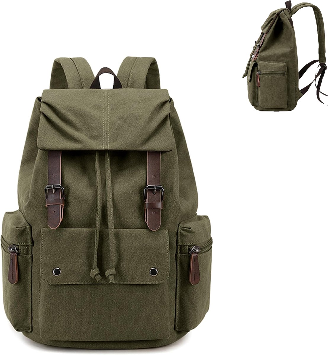 KZQ Retro canvas en leren laptoprugzak - Duurzame unisex tas voor wandelen werk en reizen - Waterafstotend - Legergroen