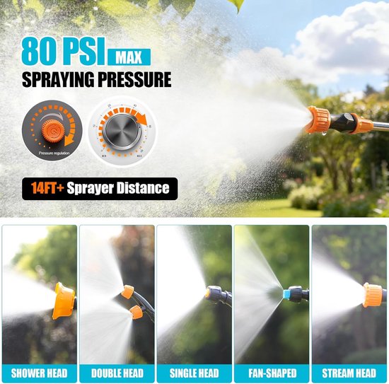 Drukspuit accu 12L elektrische rugspuit met 5 sproeikoppen, 5.5 bar, telescopische lans, onkruidspuit voor tuin — afbeelding 5