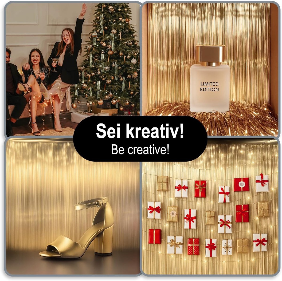 Kerst slingers - Lametta decoratie - Kerstboom versieren - Gladde glanzende draden - 50 x 50 cm - Champagne – foto 7