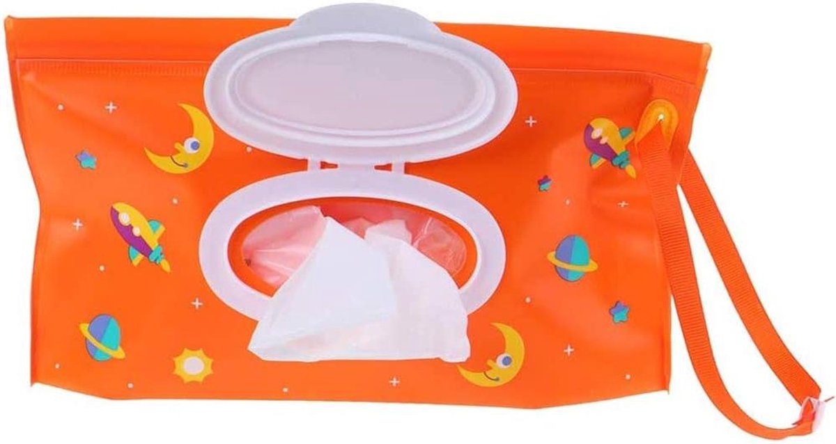 Babydoekjes Dispenser - Draagbare Houder - Onderweg Hygiëne - Herbruikbaar en Lekvrij - 24 x 14 cm - Wit Oranje