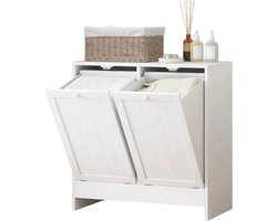 Noventra - Wasmand Kast - Dubbele Wasmand - Waskast met 2 Kantelbare Wasmanden - Wassorteerder - Wasgoed Organizer - Wasmand Meubel - Wit - 66 x 33 x 68 cm