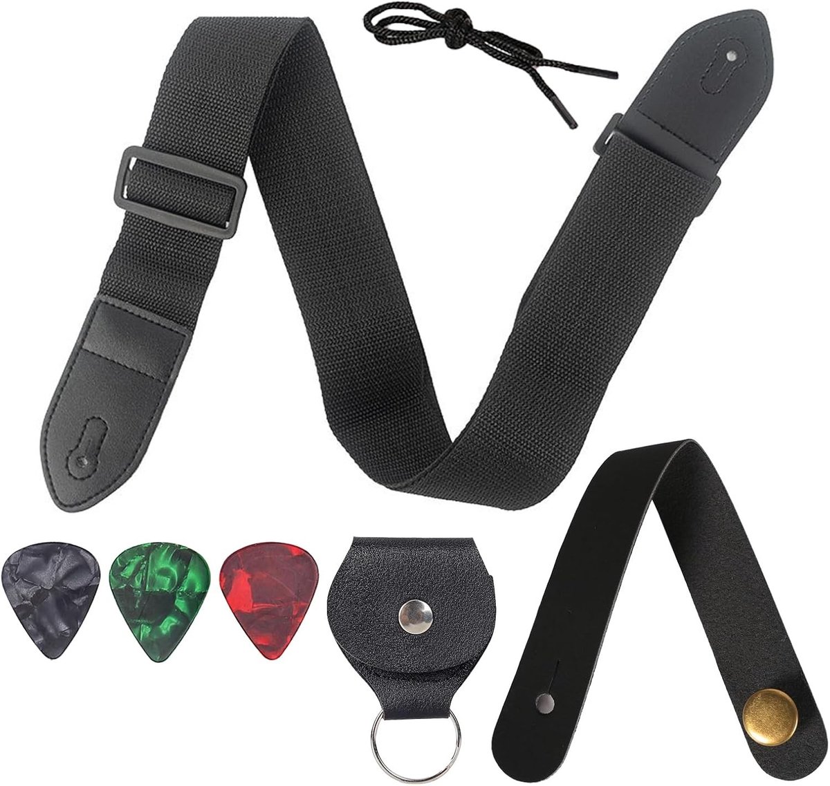 Verstelbare gitaarriem met 3 plectrums, lederen headstock-band en plectrumzakje voor akoestische en elektrische gitaren, ideaal voor muzikanten en bandleden
