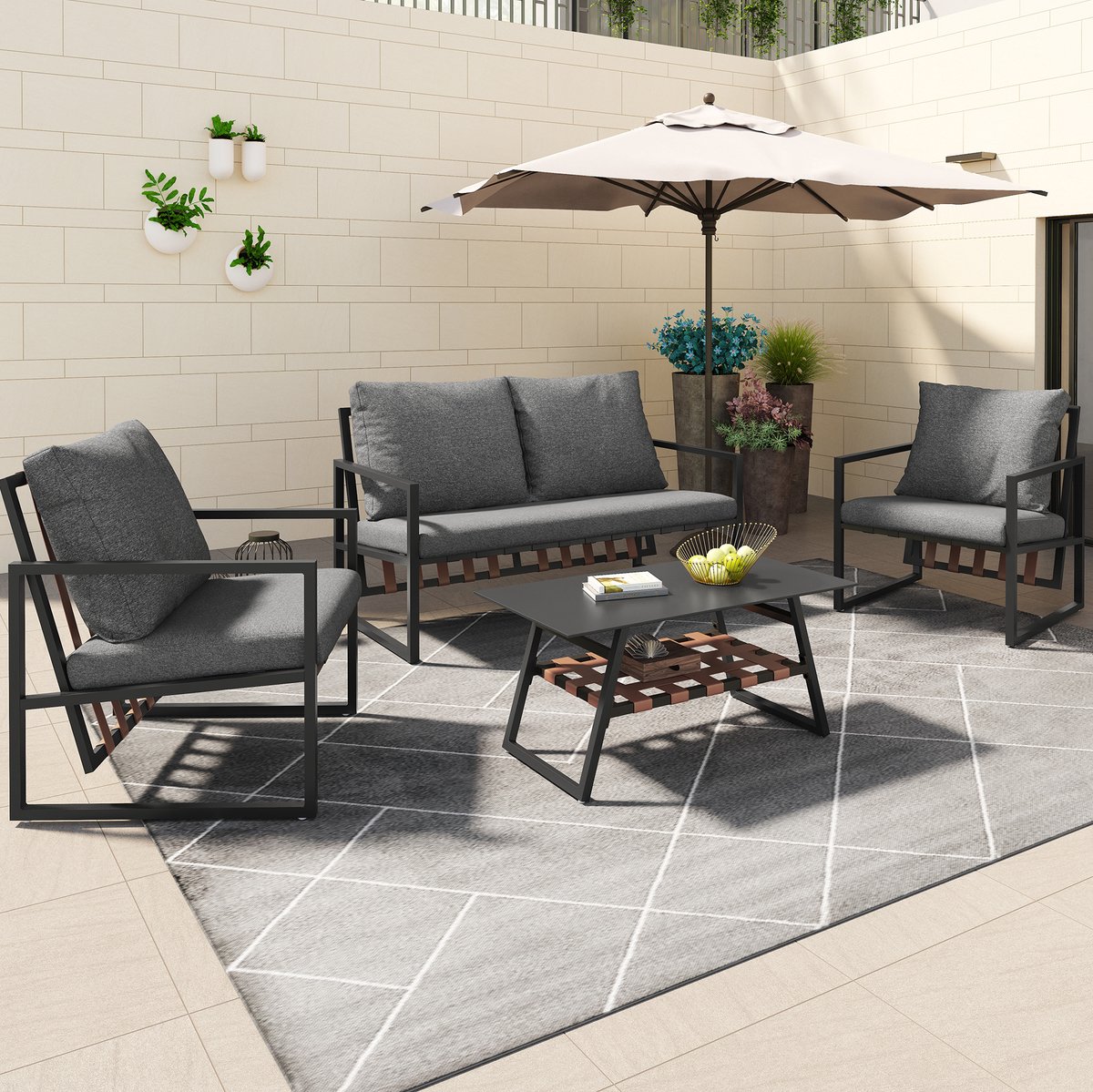 DESMIU Loungeset 4 Persoons - Sofa Met 2 Fauteuils En Salontafel Met Opbergplank - Afneembare Wasbare Kussenhoezen - PVC Zwart