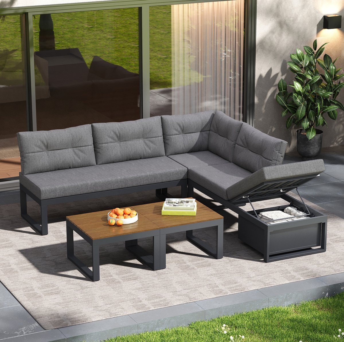 DESMIU Loungeset 191,5 x 191,5 x 79 cm - Modulaire Hoek Loungeset Met 3-Standen Rugleuning En Opbergruimte - Voor Tuin, Terras En Balkon - Polyester Grijs