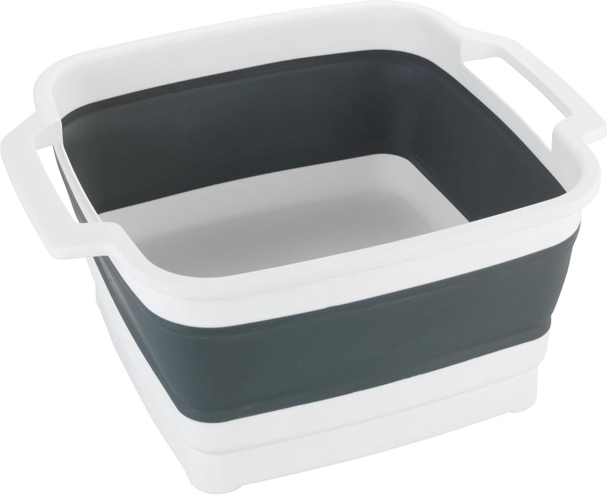 Thijox - Opvouwbare afwaskom Sira - Ruimtebesparende afwasbak met Afvoerplug en Handgrepen - 8 Liter - Grijs/Wit - Ideaal voor Keuken, Camping en Fees