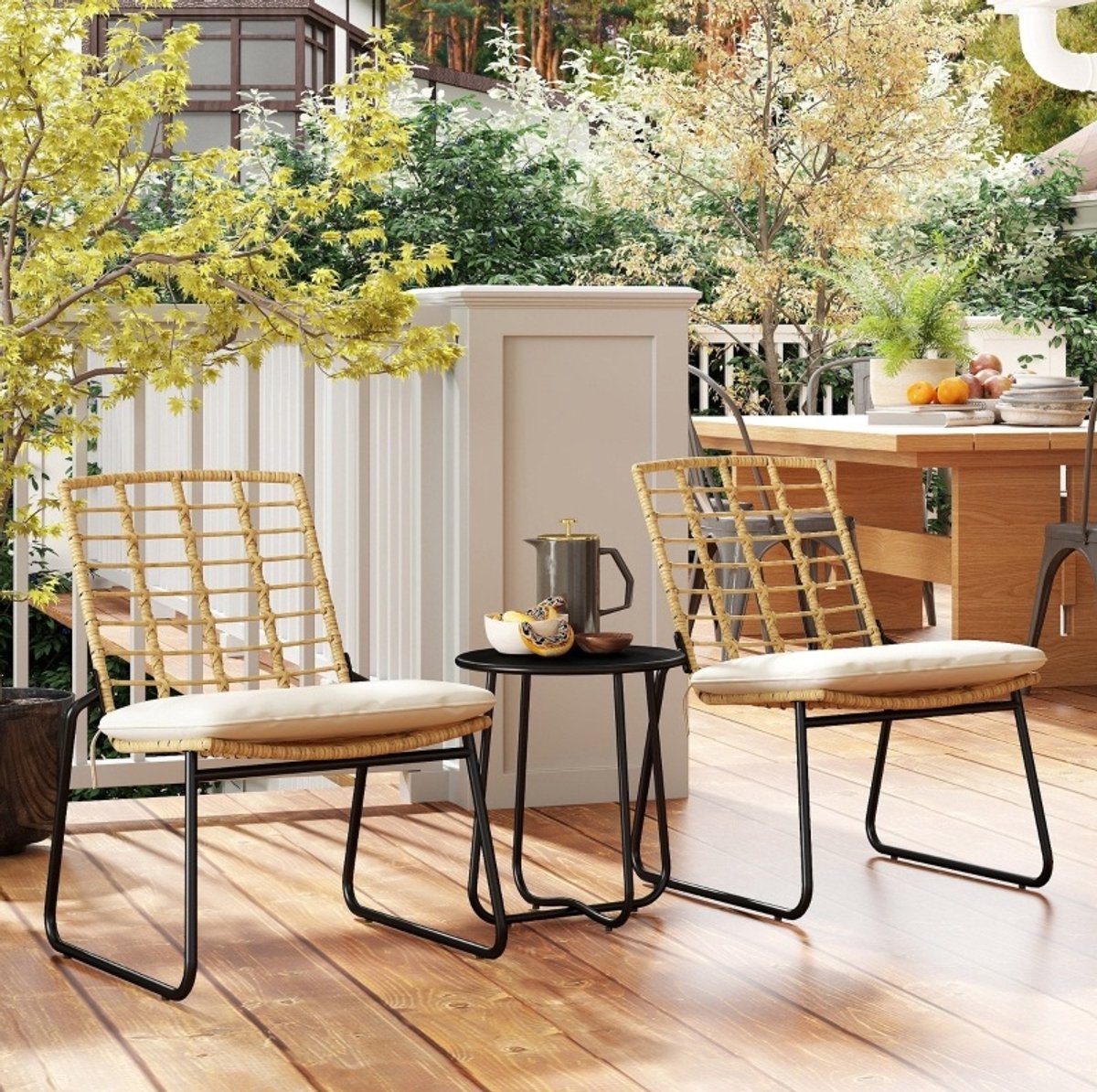 DESMIU Bistroset 3-Delig - 2 Zitplekken Met Stapelbare Stoelen En Kussens - Voor Balkon, Terras En Tuin - Rotan En Staal - Beige