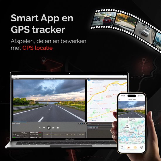 Laptop en telefoon die Camsy dashcam beelden tonen, met GPS-locatietracking.