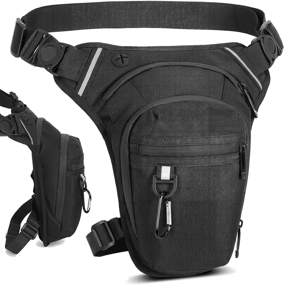 SnelShoppen - Waterproof Oberschenkeltasche - Beintasche voor Motorrijders, Fietsen, Wandelen, Camping - Lichtgewicht Zwart met Reflecterende Strepen
