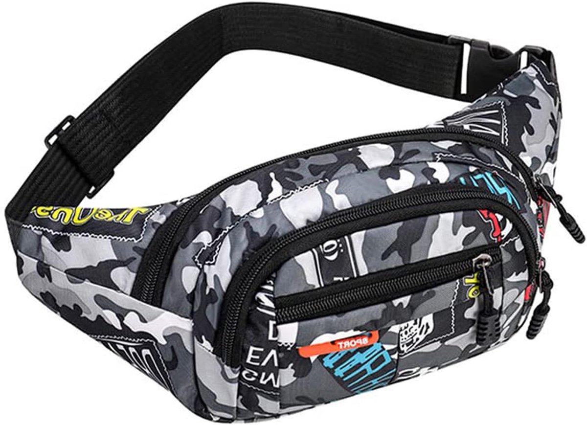Thijox - Bumbag Taille Heuptasje met Handwarmer, Camo Nylon Geldriem voor Kids, Fietsen, Reizen, Outdoor, Workout - Zwart Grijs 13.65"x4.68"