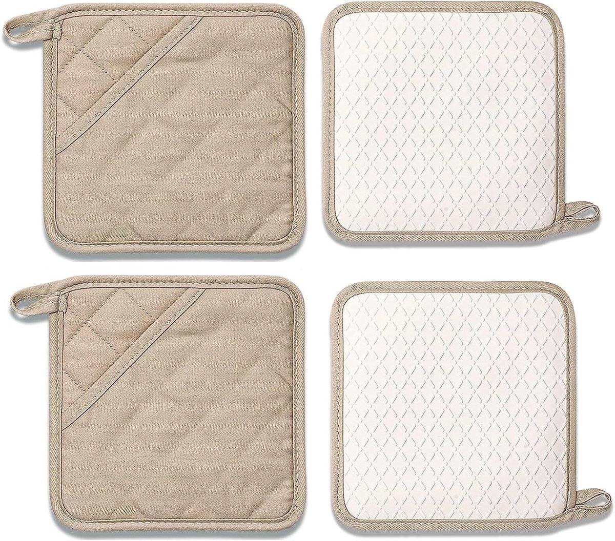 Thijox - Hittebestendige Siliconen Pannenlappen Set van 4 - 18 cm Beige Keuken Pannenlappen met Katoen en Hanglus voor Veilig Koken en Bakken