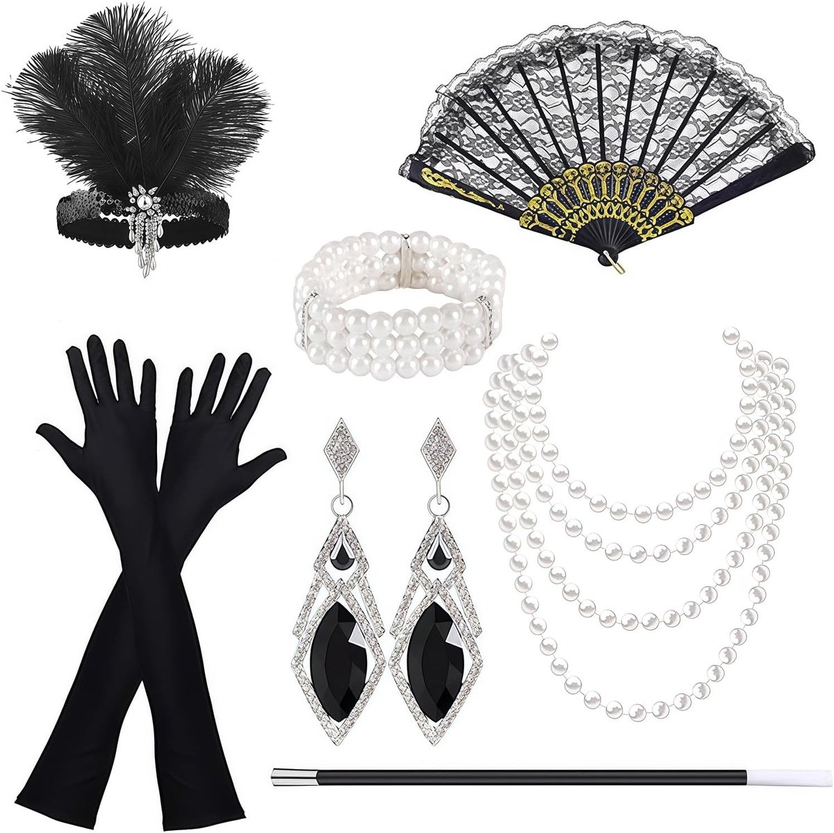 7-delige Accessoireset voor Vrouwen in de Jaren 20, Inclusief Hoofdband, Oorbellen en Parelketting voor Halloween en Kerstmis