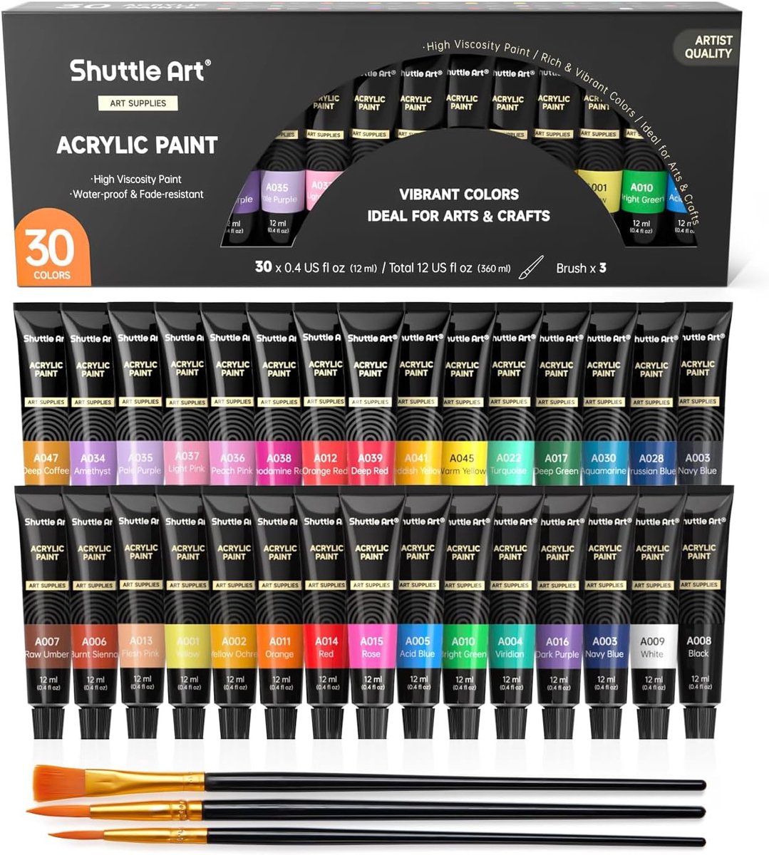 SnelShoppen - Professionele Acrylverfset 30 x 12 ml - Rijke Pigmenten, Niet-Giftig, Perfect voor Beginners, Volwassenen & Kunstenaars - Schilderverf v