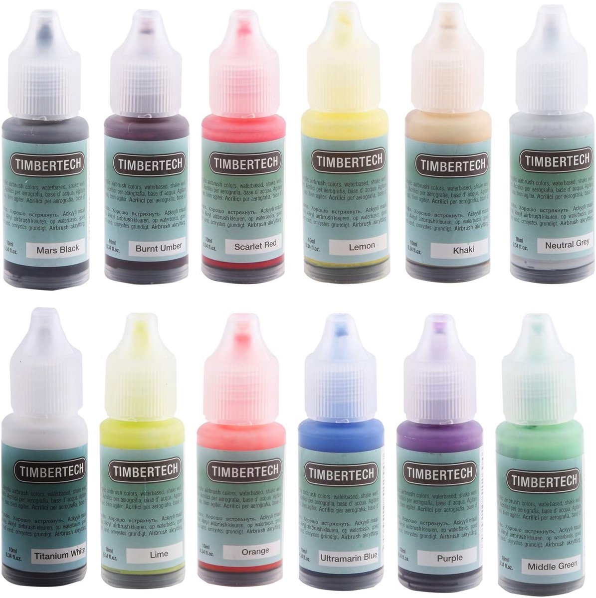 SnelShoppen - Professionele Acryl Airbrush Verf Set 12x10ml - Sneldrogend Waterbasis - Rijke Kleuren voor Kunstenaars, Studenten en Beginners - Ideaal