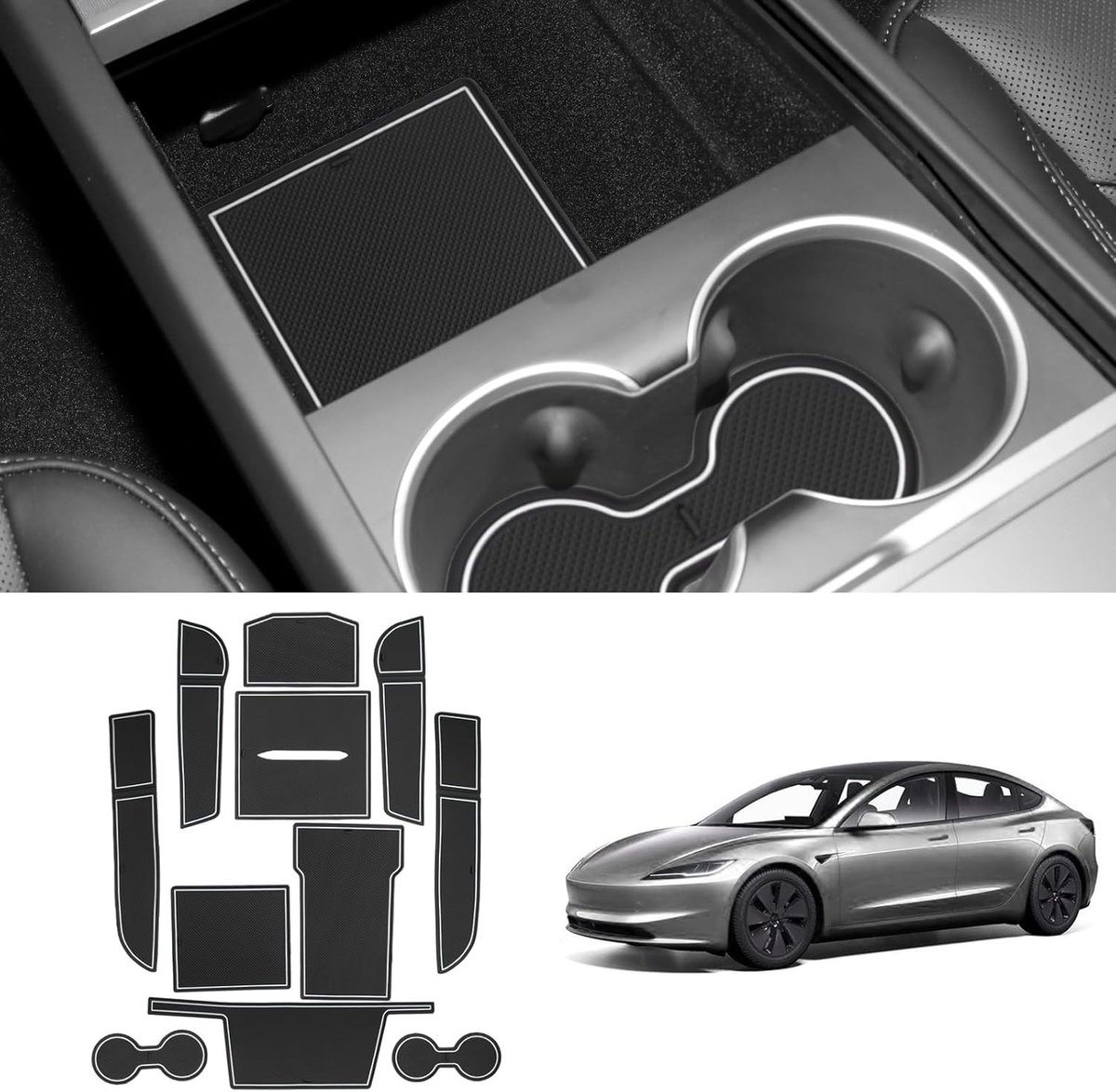 Rubbermatten voor Tesla Model 3 2024 2025 2026, Ideaal voor Console, Cupholder en Deurafwerkingen, Hoogwaardige Bescherming en Comfort