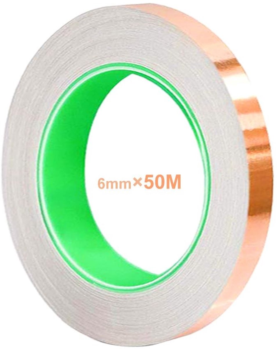 Zelfklevende Koperen Folietape 50M x 6mm voor EMI Shielding, Elektronische Toepassingen en Reparaties, Dubbelgeleidende Tape