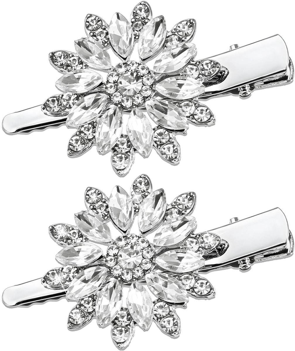 Dailygoods- Haarspeldjes 2 Stuks - Zilveren Haarclips - Bloem Strass - Alligator Clips - Decoratie - Geschikt voor Vrouwen/Meisjes