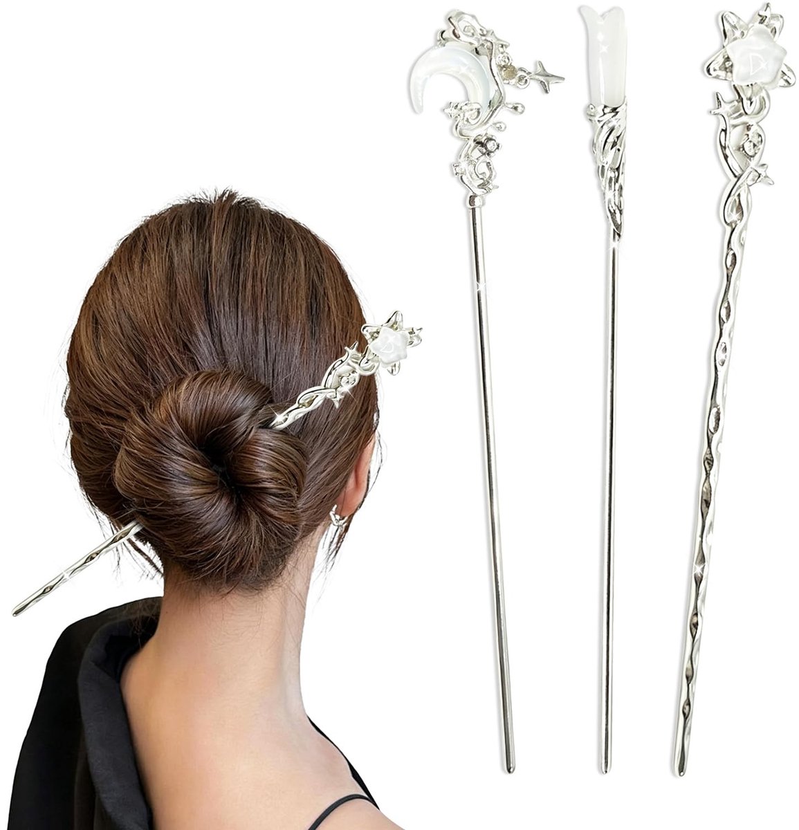 Dailygoods- Haarstokjes Set van 3 - Metalen Haarspelden - Japanse Ster/Maanmotief - Handgemaakte Haaraccessoires - Geschikt voor Bruiloften/Feesten - Elegant en Opvallend - Haarspeld